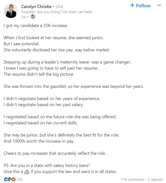 Carolyn Christie LinkedIn Post on candidate salary increase