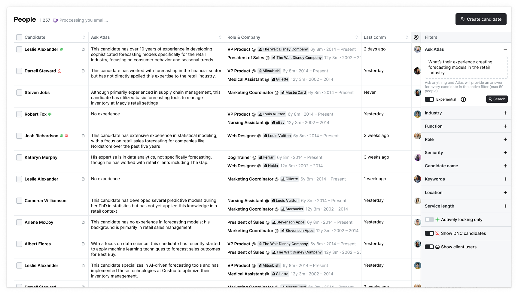 AI features for candidate search on Atlas