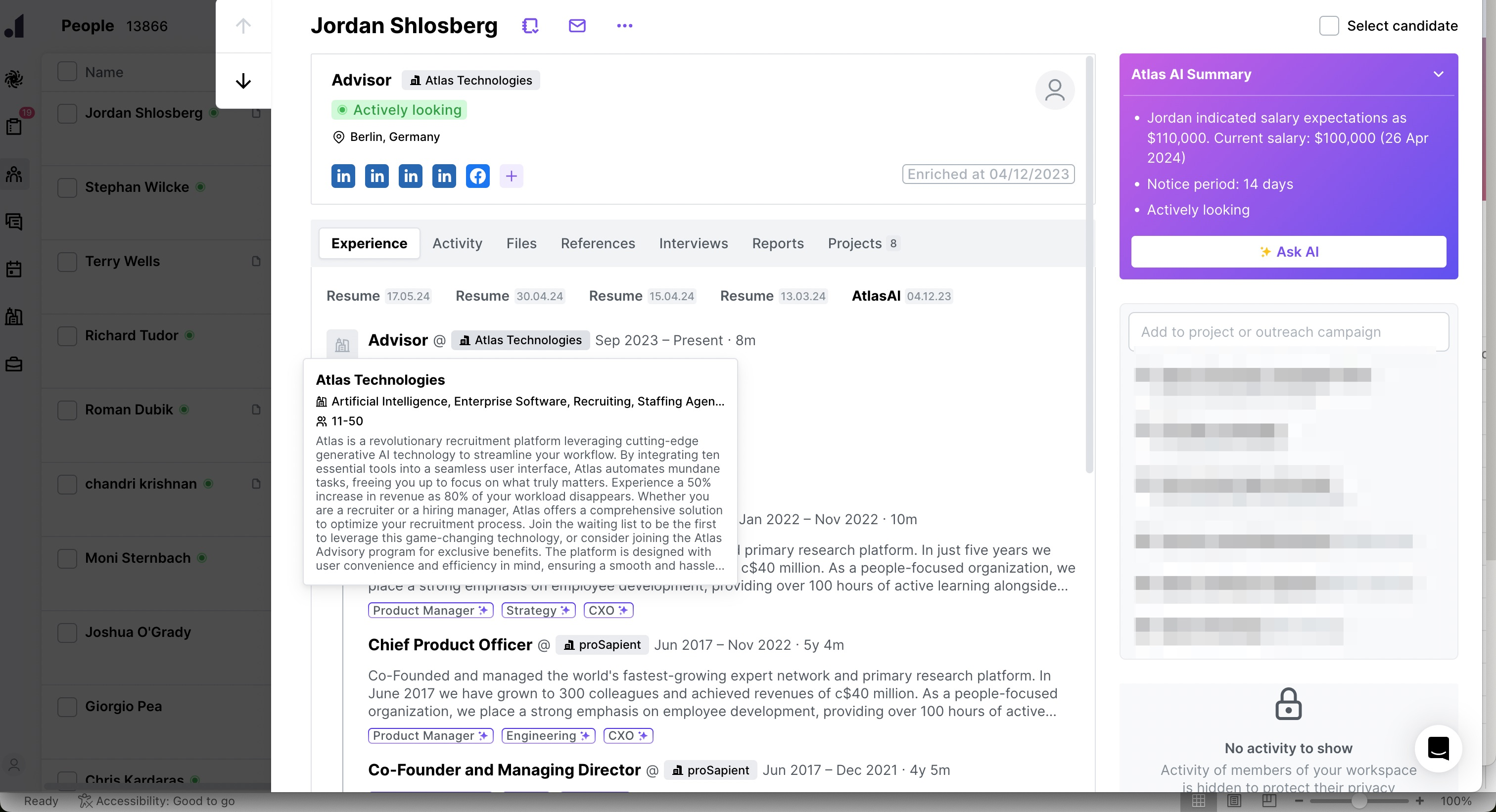 Candidate search on Atlas recruitment platform
