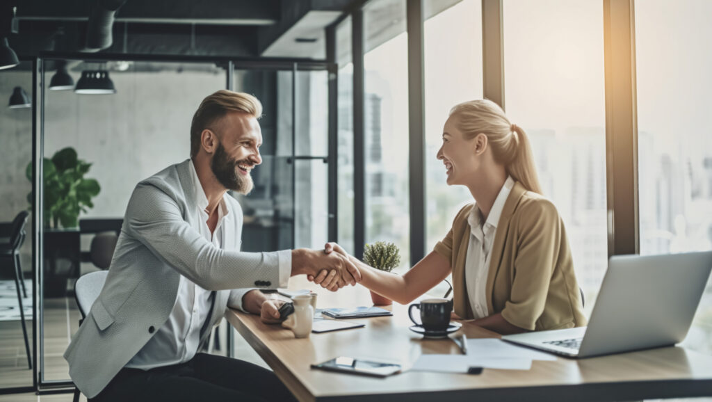 Woman and man shake hands, partners made a deal for a better candidate experience