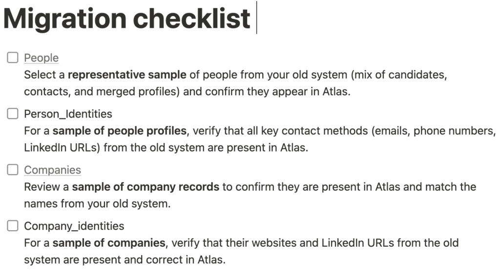 Atlas migration checklist